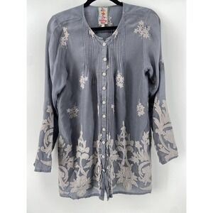 Johnny Was Shirt Womens Small Gray Embroidered Tunic Boho Floral Button Top